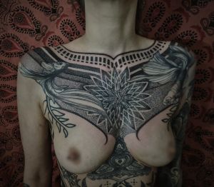 Chest piece tattoos by Manuel Zellkern